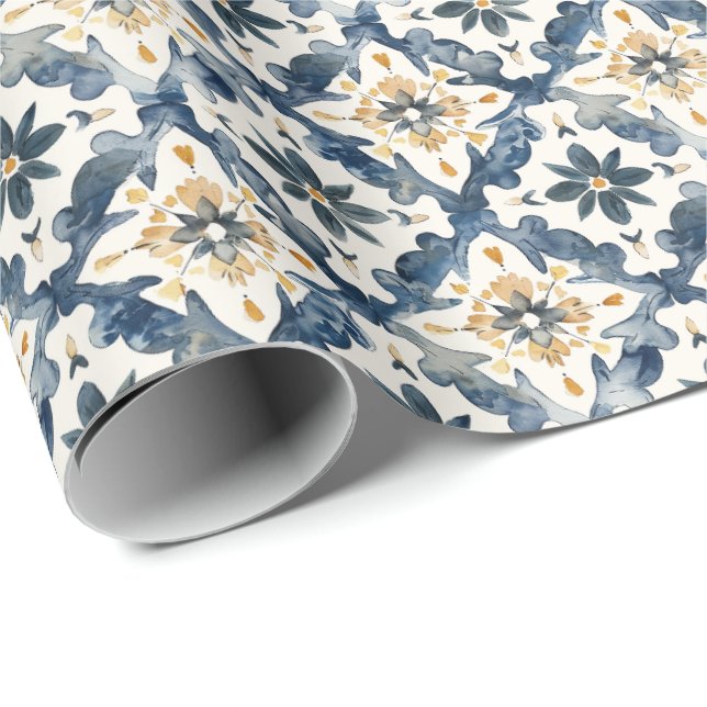 Papel De Regalo Mediterranean Tile Gift Wrap, Blue and Gold (Esquina del rollo)