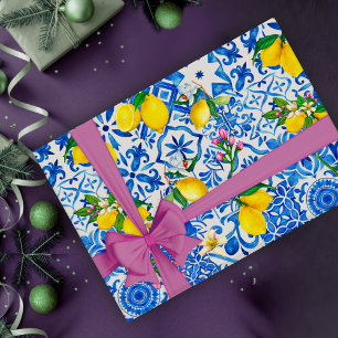 Papel De Regalo Mediterráneo Mayólica Azul Siciliano Cítrico