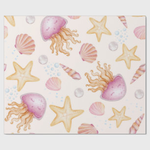 Papel De Regalo Medusa rosa y estrella de mar dorada en acuarela