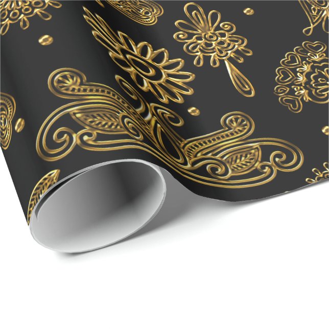 Papel De Regalo Mehndi negro y oro (Esquina del rollo)
