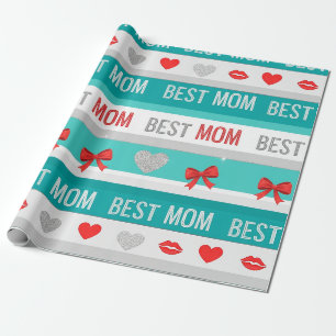 Papel De Regalo Mejor Mamá Arte Pop Corazones y Lazos Retro