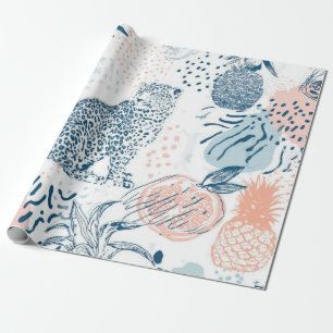 Papel De Regalo Melocotón Azul Leopardo Tropical Abstracto
