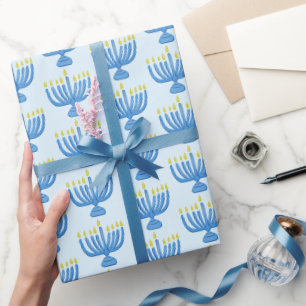 Papel De Regalo Menorá Botánica de Janucá Acuarela Azul