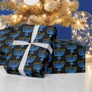Papel De Regalo Menorá Botánica de Janucá Acuarela Azul