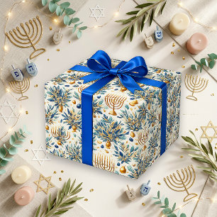 Papel De Regalo Menorá de acuarela azul elegante dorado