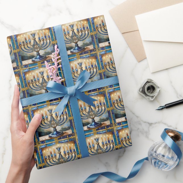 Papel De Regalo Menorá de Janucá Azul (Regalar)