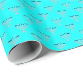 Papel De Regalo Menorá de plata de Hanukkah sobre azul acuático