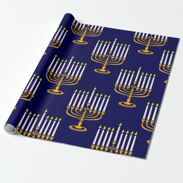 Papel De Regalo menorah azul hanukkah jewish print (Desenrollado)