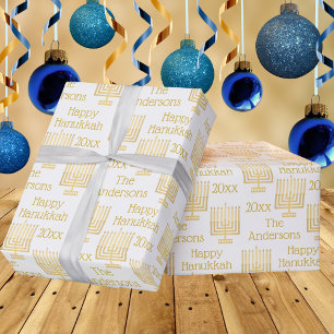 Papel De Regalo Menorah dorada en Moda blanca Hanukkah personaliza