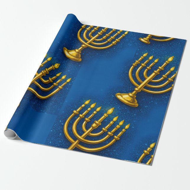 Papel De Regalo Menorah dorada sobre fondo azul espárrago Hanukkah (Desenrollado)
