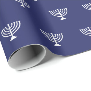 Papel De Regalo menorah judía patrón blanco azul marino Hanukkah