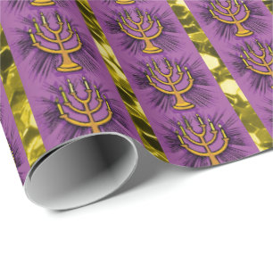 Papel De Regalo Menorahs Purple & Gold Faux Purpurina