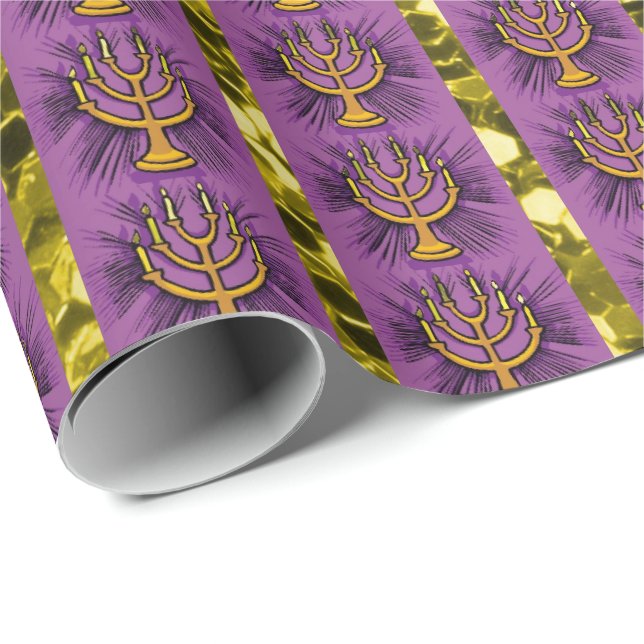 Papel De Regalo Menorahs Purple & Gold Faux Purpurina (Esquina del rollo)