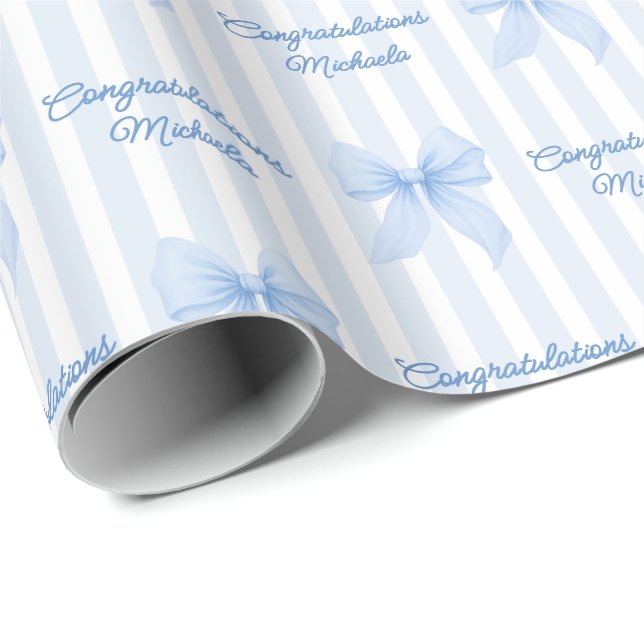 Papel De Regalo Mensaje de personalizado Coqueta Azul Bows Felicit (Esquina del rollo)