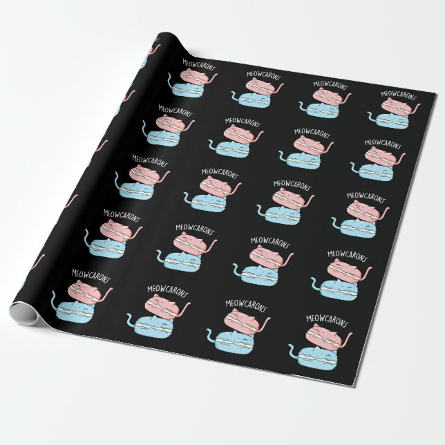 Papel De Regalo Meowcarons Funny Macaron Pun Dark BG (Desenrollado)