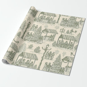 Papel De Regalo Mercado de Navidad Clásico Toile en Verde y Crema