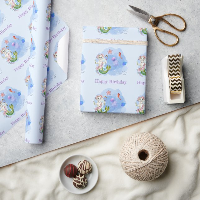 Papel De Regalo Mercat luz del gato azul sirena Cumpleaños (Artesanía)