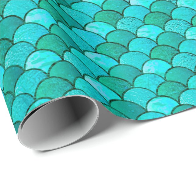 Papel De Regalo Mermaid Scales Purpurina Blue Ocean Aqua (Esquina del rollo)