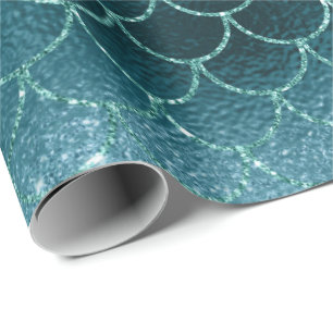Papel De Regalo Mermaid Scales Purpurina Verde azulado Aqua Tropic