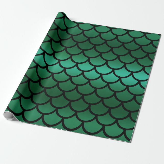 Papel De Regalo Mermaid Verde y Negro Escala Fantasía Pescado (Desenrollado)