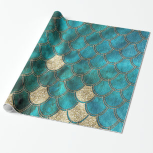 Papel De Regalo Mermaidbáscula verde Aqua con purpurina de oro