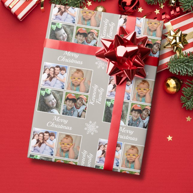 Papel De Regalo Merry Christmas 4 Photo Collage Family Name Taupe (Subido por el creador)