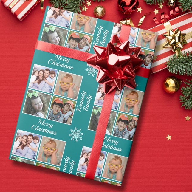 Papel De Regalo Merry Christmas 4 Photo Collage Family Name Teal (Subido por el creador)
