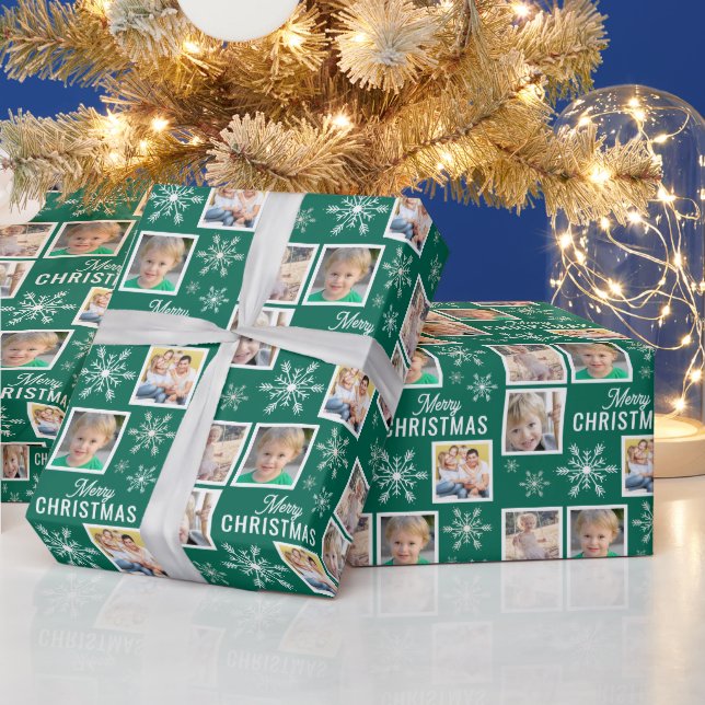 Papel De Regalo Merry Christmas 4 Photos Snowflake Christmas Green (Vacaciones)