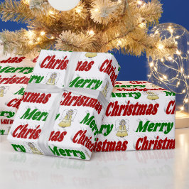 Papel De Regalo Merry Christmas Angel tipografía verde roja