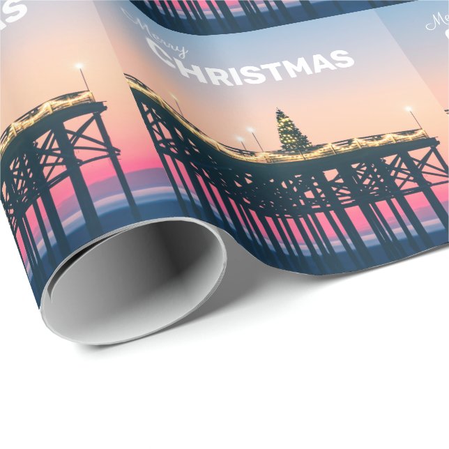 Papel De Regalo Merry Christmas Beach Pier Sunset San Diego (Esquina del rollo)