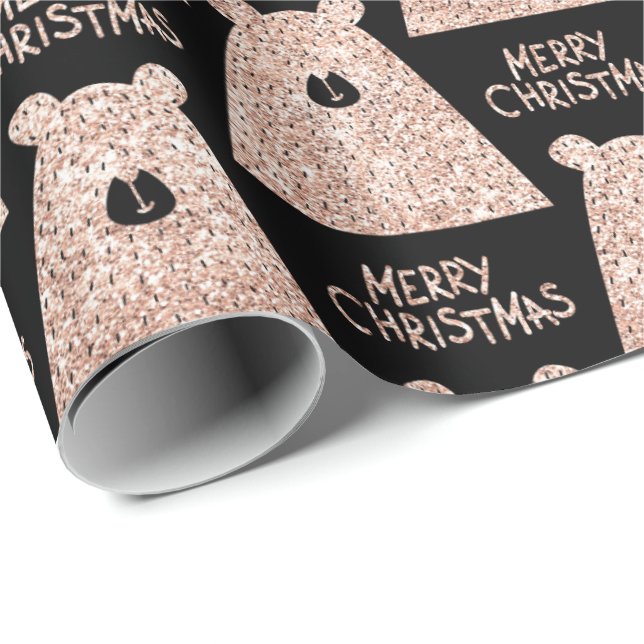 Papel De Regalo Merry Christmas Bear Black Pink Rose Gold Purpurin (Esquina del rollo)