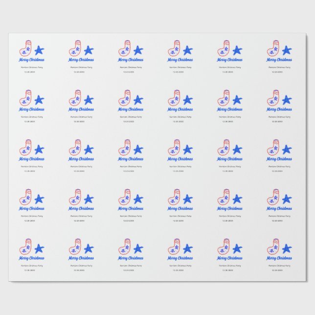 Papel De Regalo Merry Christmas blue star red stockings name date  (Superficie plana)