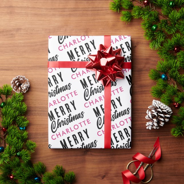 Papel De Regalo Merry Christmas Custom Name Pink Trendy (Regalo de vacaciones)