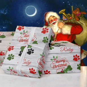 Papel De Regalo Merry Christmas Dog add Name Bone and Pawprints Wr