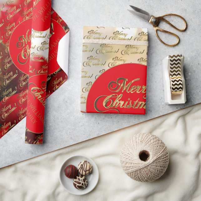 Papel De Regalo Merry Christmas Elegant Gold Script Poinsettia (Artesanía)