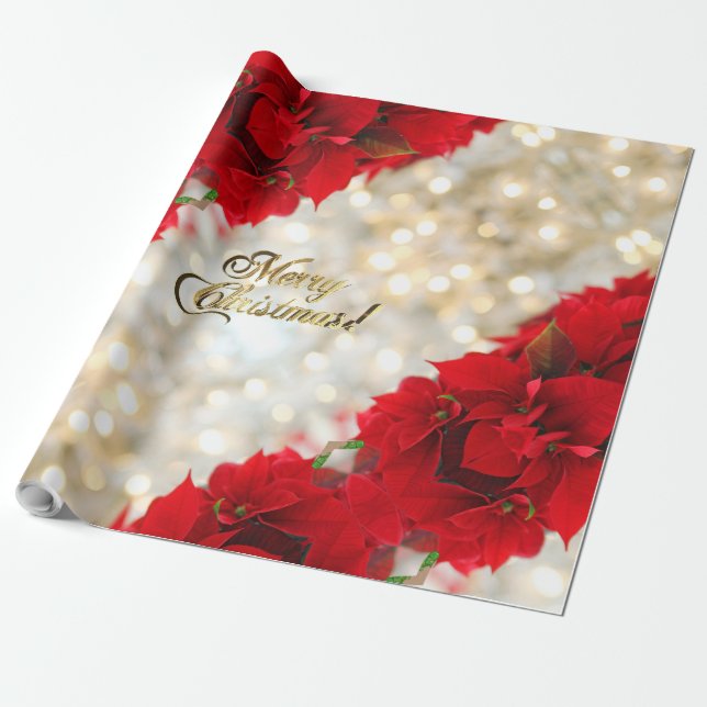 Papel De Regalo Merry Christmas Elegant Gold Script Poinsettia (Desenrollado)
