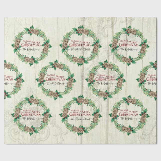 Papel De Regalo Merry Christmas Family Wreath Pine Cone Farmhouse (Costura)