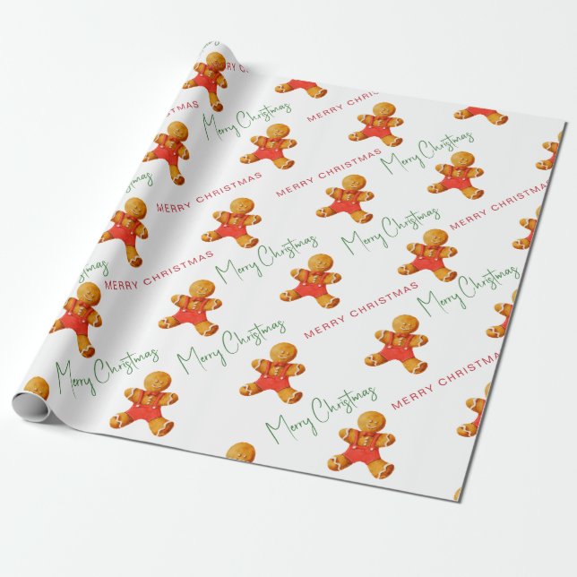 Papel De Regalo Merry Christmas Gingerbread Man Pattern Script (Desenrollado)