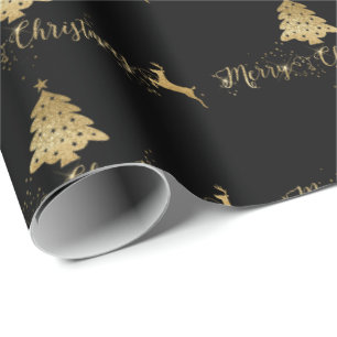 Papel De Regalo Merry Christmas Gold Black Pattern Typografía