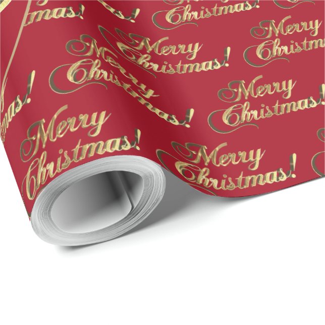 Papel De Regalo Merry Christmas Gold Foil Script Apple Red (Esquina del rollo)