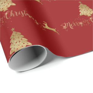 Papel De Regalo Merry Christmas Gold Red Pattern Typografía