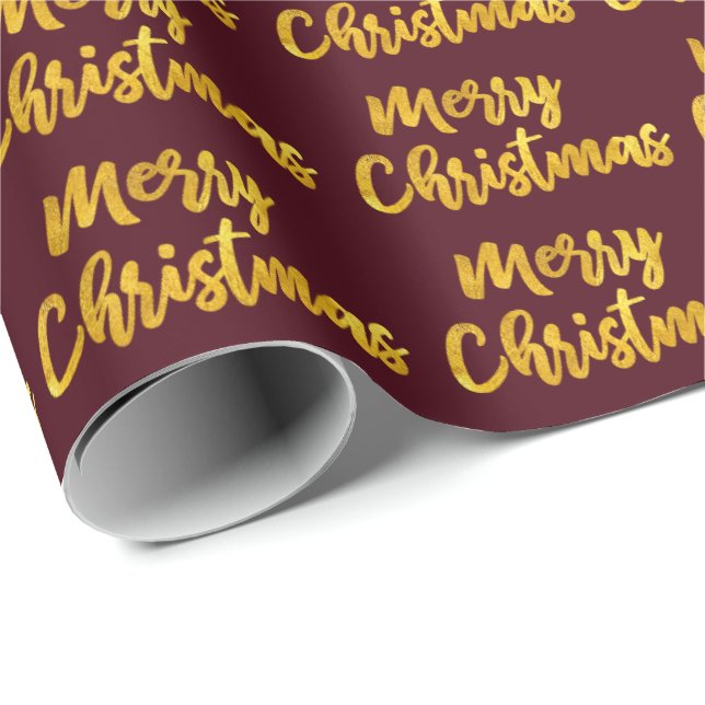 Papel De Regalo Merry Christmas Gold Script Burgundy Maroon (Esquina del rollo)