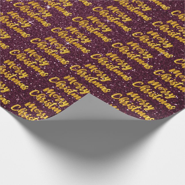 Papel De Regalo Merry Christmas Gold Script Burgundy Maroon Glitte (Esquina)