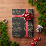 Papel De Regalo Merry Christmas Gold Typography Black Moda<br><div class="desc">"Te deseamos una Feliz Navidad". Hermosa tipografía de oro sobre papel de envoltura de fondo negro. Muy elegante y moda para la temporada. Imaginen esto en un regalo de vacaciones. ¡Hermoso!</div>