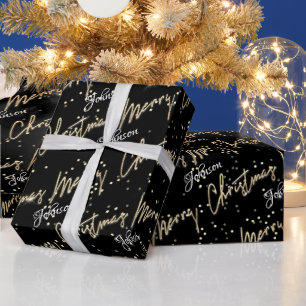 Papel De Regalo Merry Christmas Golden Script Name Black