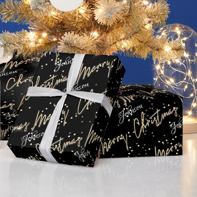 Papel De Regalo Merry Christmas Golden Script Name Black (Vacaciones)