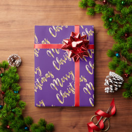 Papel De Regalo Merry Christmas metal gold script púrpura