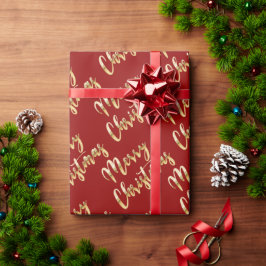 Papel De Regalo Merry Christmas metal gold script rojo