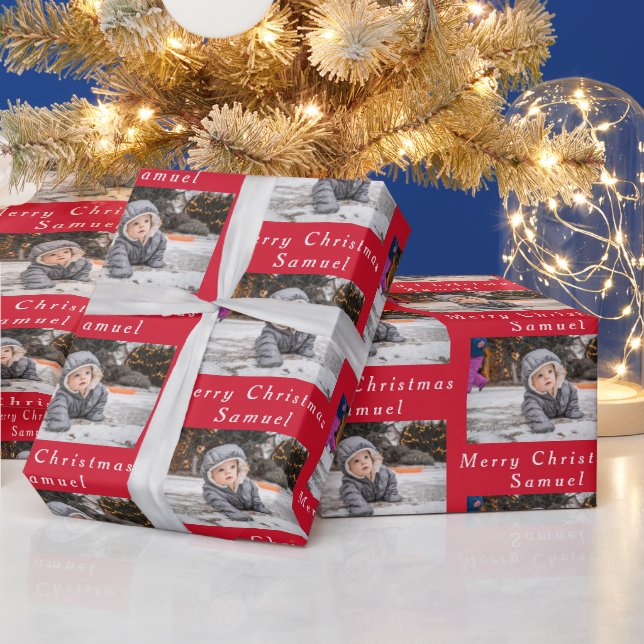 Papel De Regalo Merry Christmas Name Red White Collage de fotos (Vacaciones)