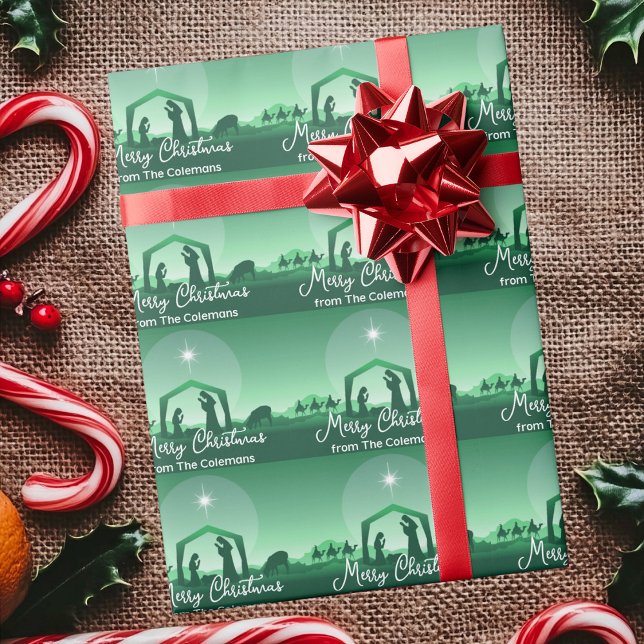 Papel De Regalo Merry Christmas Nativity Scene Personalized Green (Subido por el creador)